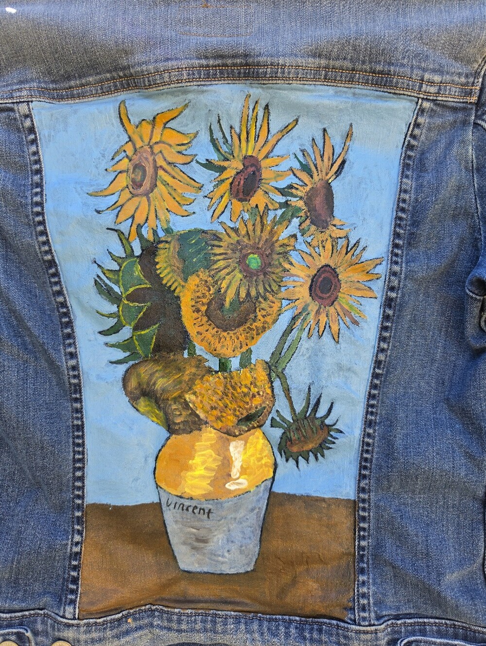 Levi's Custom Hand Painted Van Gogh Sunflowers Denim Jacket Size L - Picture 4 of 6